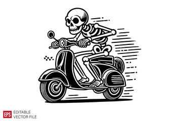 skeleton bikers riding motorcycle graphic flat illustration black and white design templates