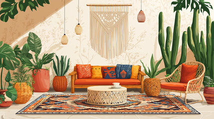 Bohemian inspired living room with plants, wicker furniture, and macramé decor.