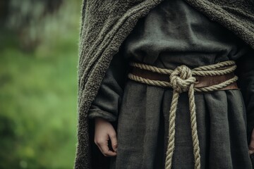 A person in a gray robe with a rope belt stands in a verdant setting, exuding an historical, medieval vibe.