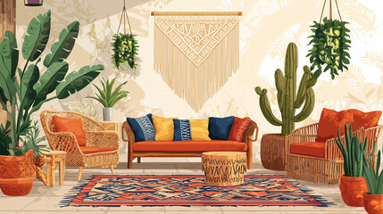 Bohemian inspired living room with plants, wicker furniture, and macramé decor.