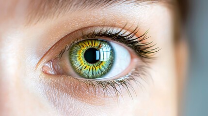 Fototapeta premium The image showcases a mesmerizing close up of a vibrant green eye, illuminated by striking and theatrical lighting that enhances the depth and intensity of the color.