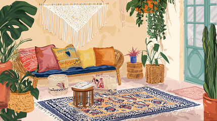 Bohemian inspired living room with plants, wicker furniture, and macramé decor.