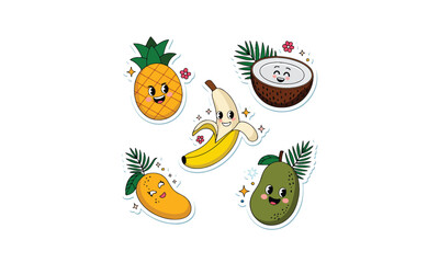 Animated Fruit Collection with Faces: Pineapple, Coconut, Mango, Banana & Avocado