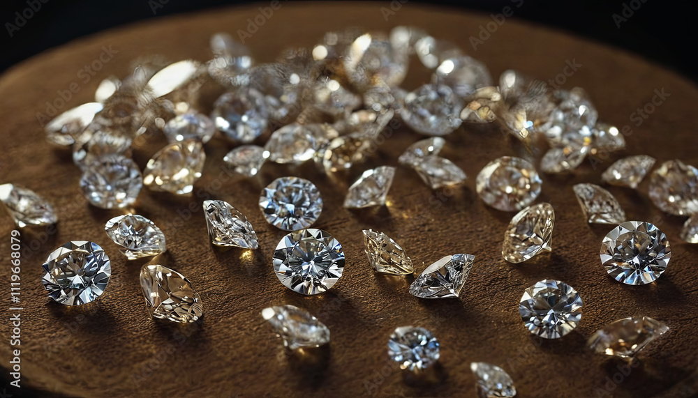 Poster an array of diamonds with various cuts glimmers under soft lighting on a wooden surface, illustratin