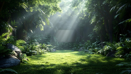 Obraz premium Sunbeams illuminating lush green jungle path.