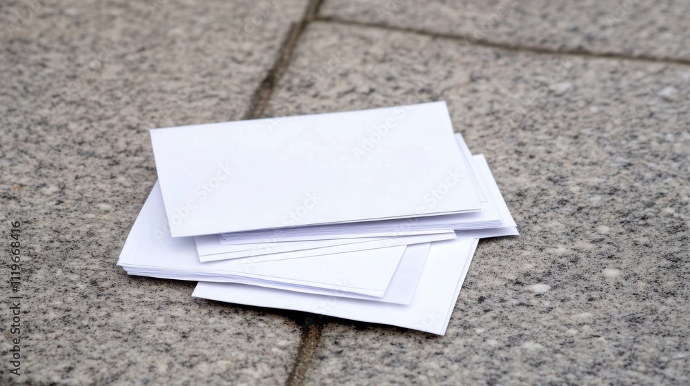 Poster stack of blank white paper sheets resting on a textured stone surface