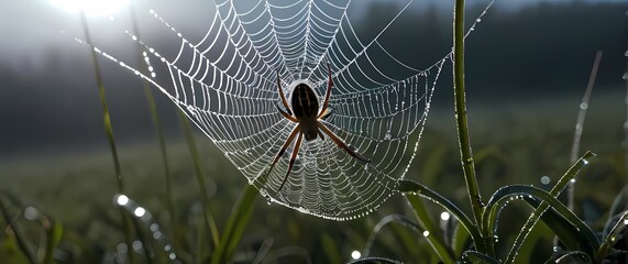 A close up of a spider spinning a dew covered web in the early morning light