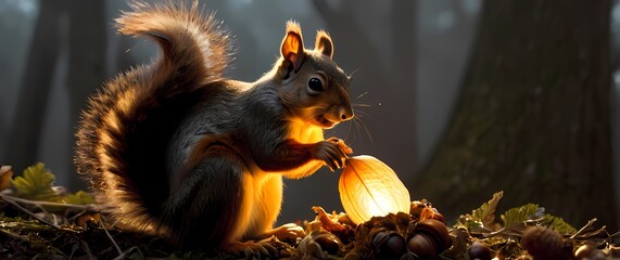 Obraz premium A close up of a squirrel nibbling on an acorn with its bushy tail arched behind it