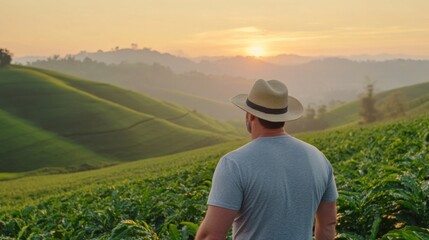 Fototapeta premium Man Enjoying Sunrise Over Lush Green Hills in Serene Landscape