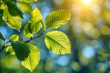 Sunlit Green Leaves with Bokeh Background