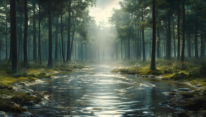 Fototapeta premium Sunlit stream flows through misty forest.