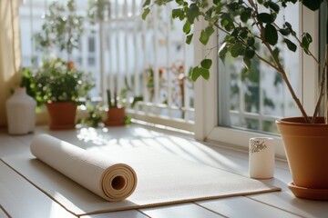 Sunlit yoga mat inviting calm and relaxation amid potted plants, creating a serene space for rejuvenation and peaceful contemplation.