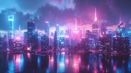 Obraz premium Futuristic City Skyline with pink and purple night vibe background.