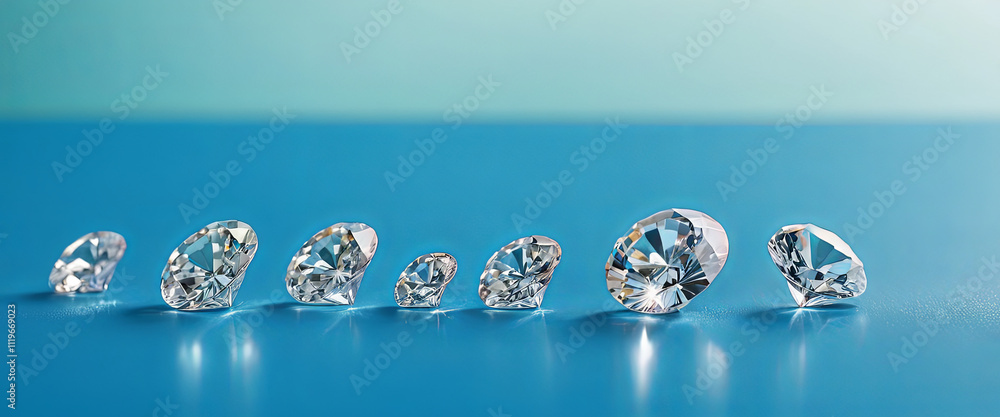 Poster a series of sparkling diamonds in various shapes and sizes are arranged in a line on a smooth blue s