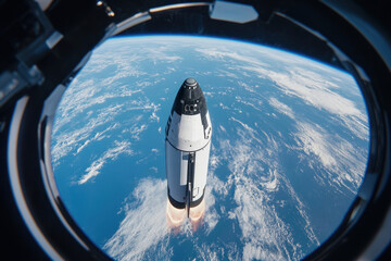 Space shuttle launching with Earth visible through spacecraft window