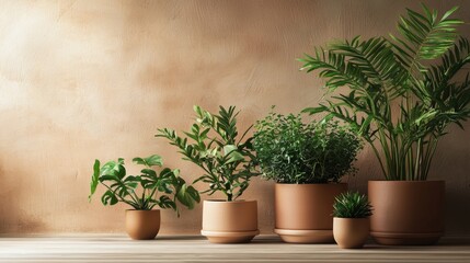 Potted green plants in ceramic pots against a textured wall