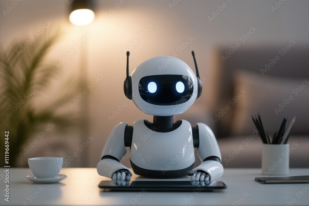Poster tech workspace design, smart tablet features a chat support robot, with tech gadgets around and warm