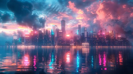 Obraz premium Futuristic City Skyline with pink and purple night vibe background.
