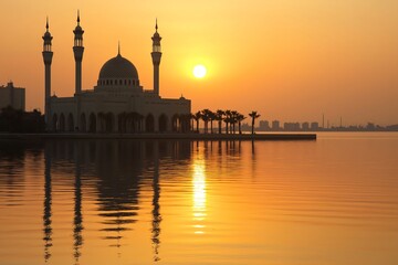 Naklejka premium Serene mosque reflected on calm waters at sunset, surrounded by palm trees and cityscape. Silhouette against golden sky creates tranquil atmosphere for reflection