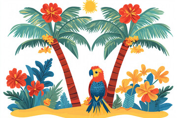 Illustration featuring a vibrant and colorful tropical island scene with a parrot, flowers, and palm trees, perfect for summer and travel themes