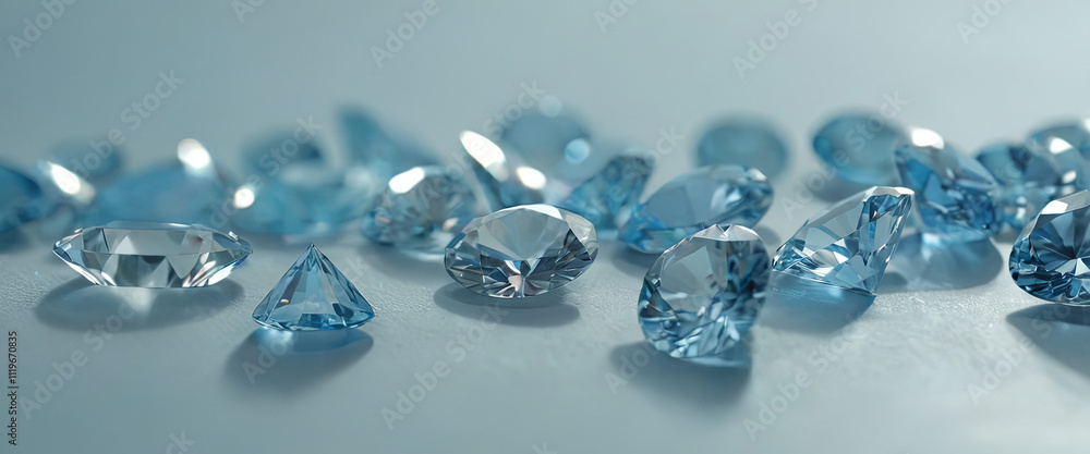 Poster a stunning array of blue gemstones and sparkling diamonds rests on a smooth surface, reflecting ligh