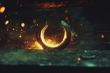 Sparks fly as a heated horseshoe is hammered, capturing the intense, fiery essence of blacksmithing amid glowing embers and metal.