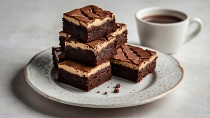 Square pieces of brownie stacked in white plate on a clean white background. Delicious chocolate breakfast. Copy space.