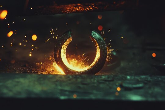 Sparks fly as a heated horseshoe is hammered, capturing the intense, fiery essence of blacksmithing amid glowing embers and metal.