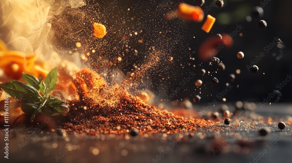 Poster dynamic explosion of spices with fresh basil leaf in motion