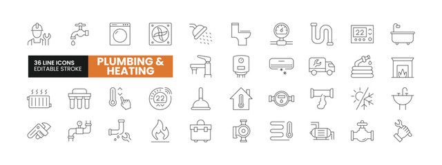 Set of 36 Plumbing and Heating line icons set. Plumbing and Heating outline icons with editable stroke collection. Includes Plumber, Pipeline, Repair, Boiler, Radiator, and More.