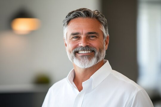 Middle aged man salt and pepper hair beard warm smile white button up shirt - Powered by Adobe