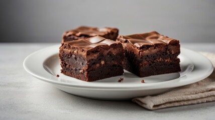 Square pieces of brownie stacked in white plate on a clean white background. Delicious chocolate breakfast. Copy space.