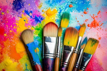 Vibrant paintbrushes rest on a rainbow-colored canvas, ready to unleash imagination and creativity with every stroke and splash of vivid color.