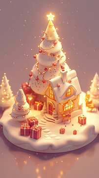 Christmas atmosphere featuring a cozy house, beautifully wrapped gifts, a deer figurine, white snow, a decorated Christmas tree, and a sweet festive vibe. 3D model made of clay and ceramic elements.