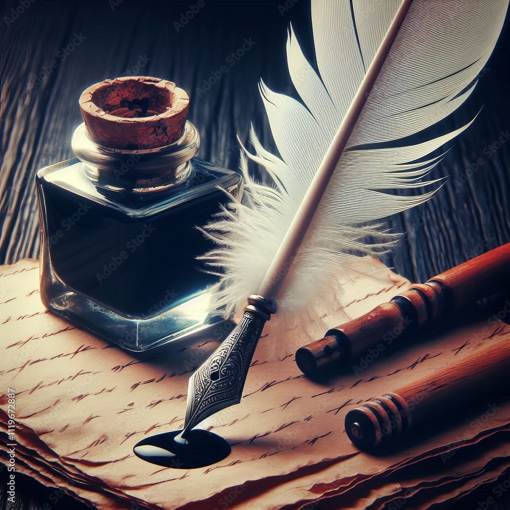 Poster feather quill a feather quill pen with ink dripping from the nib