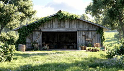 Rustic wooden barn with open doors, showing farm tools and produce.