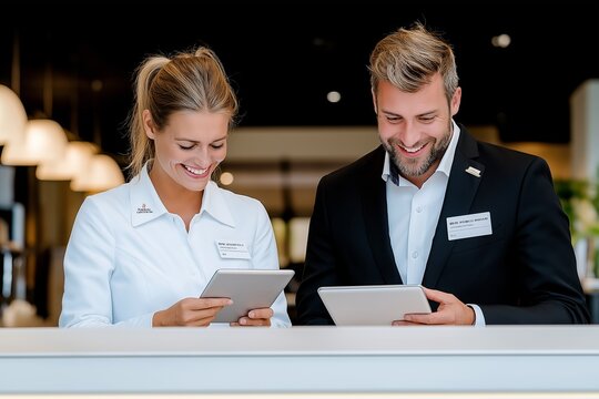 Professional hospitality staff with tablets in modern hotel environment