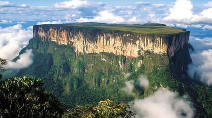 Fototapeta premium A mountain with a green forest on top and clouds in the sky