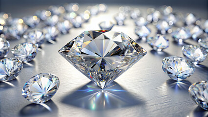 A collection of carefully arranged diamonds shines brightly on a reflective surface, highlighting their intricate cuts and stunning clarity. The light enhances their sparkling effects