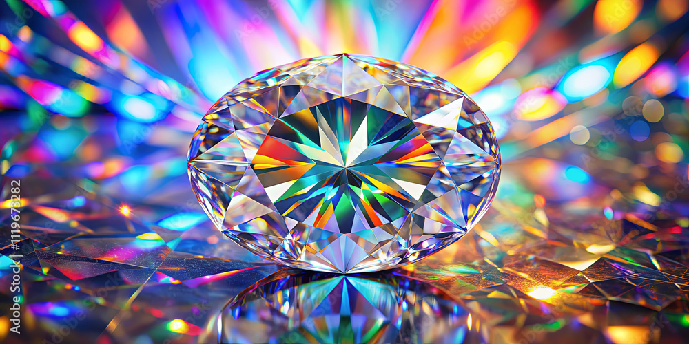 Poster a stunning diamond rests on a glittering surface, showcasing vibrant reflections and an array of col