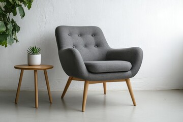minimalist interior gray upholstered armchair mid century modern design