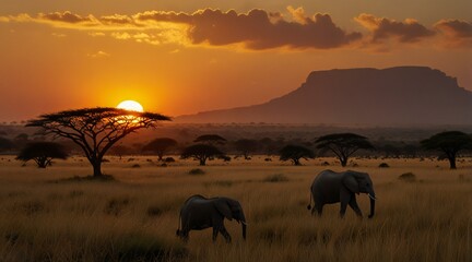 Fototapeta premium herd of elephants at sunset