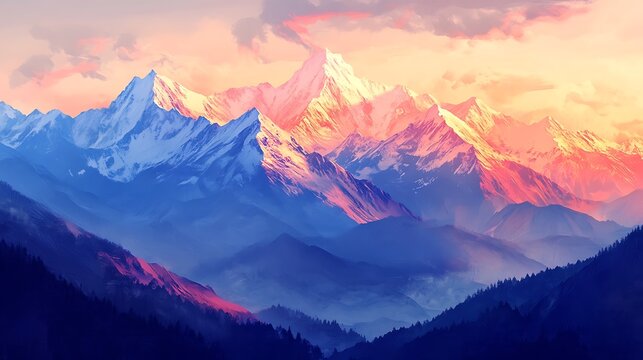 Majestic Himalayan Sunset: Digital Painting of Snow-Capped Peaks. AI Generated