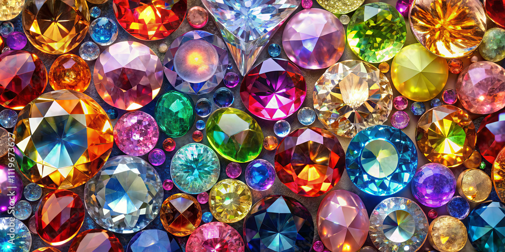 Aufkleber an array of gems and crystals in various shapes and sizes, showcasing rich colors like red, blue, gr