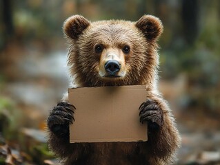 Fototapeta premium Friendly Bear Holding a Blank Cardboard Sign in Forest Clearing