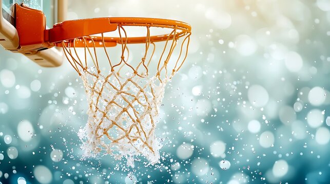 The image captures the intense moment when the basketball player gracefully leaped into the air, his body contorted mid flight as he aimed for the hoop, water droplets suspended in motion around him