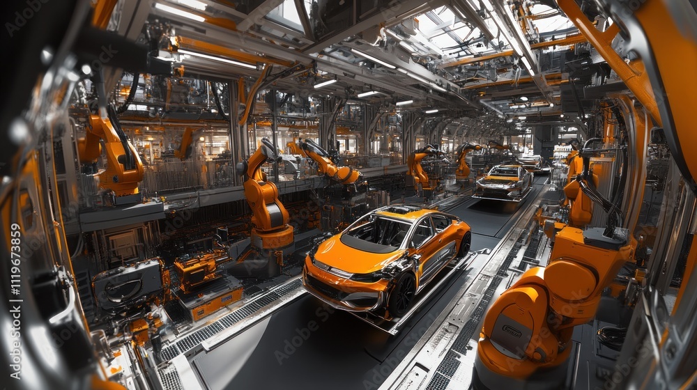 Aufkleber automated car assembly line with orange robotic arms constructing vehicles.