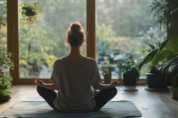 Finding peace and balance at home, a woman practices yoga and meditation in the lotus position, surrounded by plants and natural light, focusing on wellness and harmony