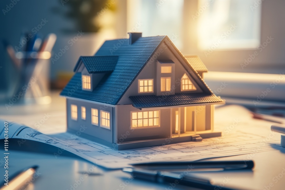 Poster detailed architectural model of a home with warm lighting, set on a drafting table surrounded by sta