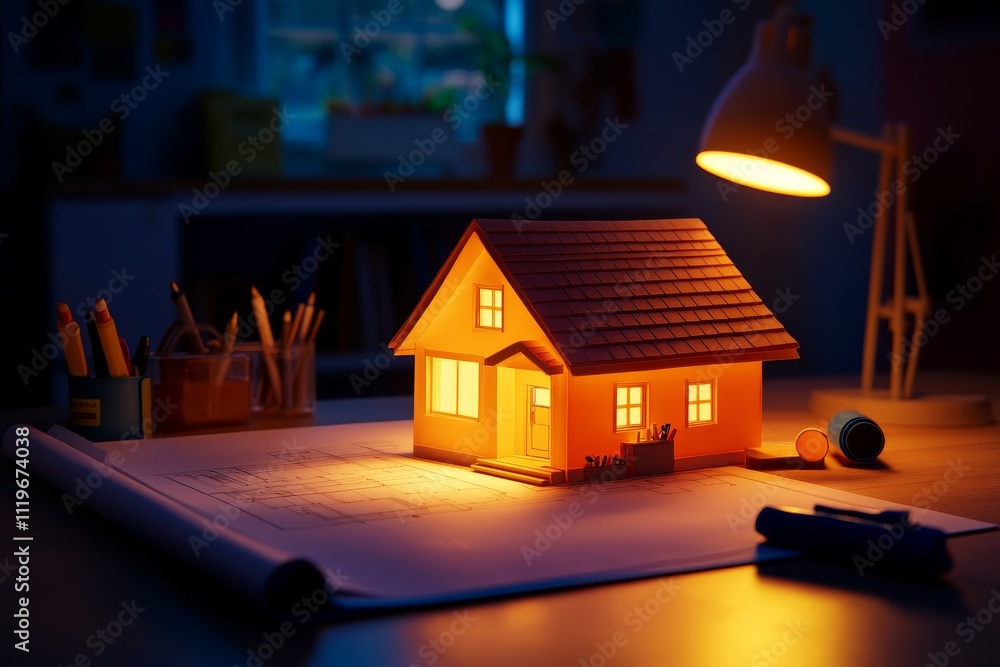 Poster illuminated model house on blueprint in cozy nighttime setting, creating a warm and inviting atmosph